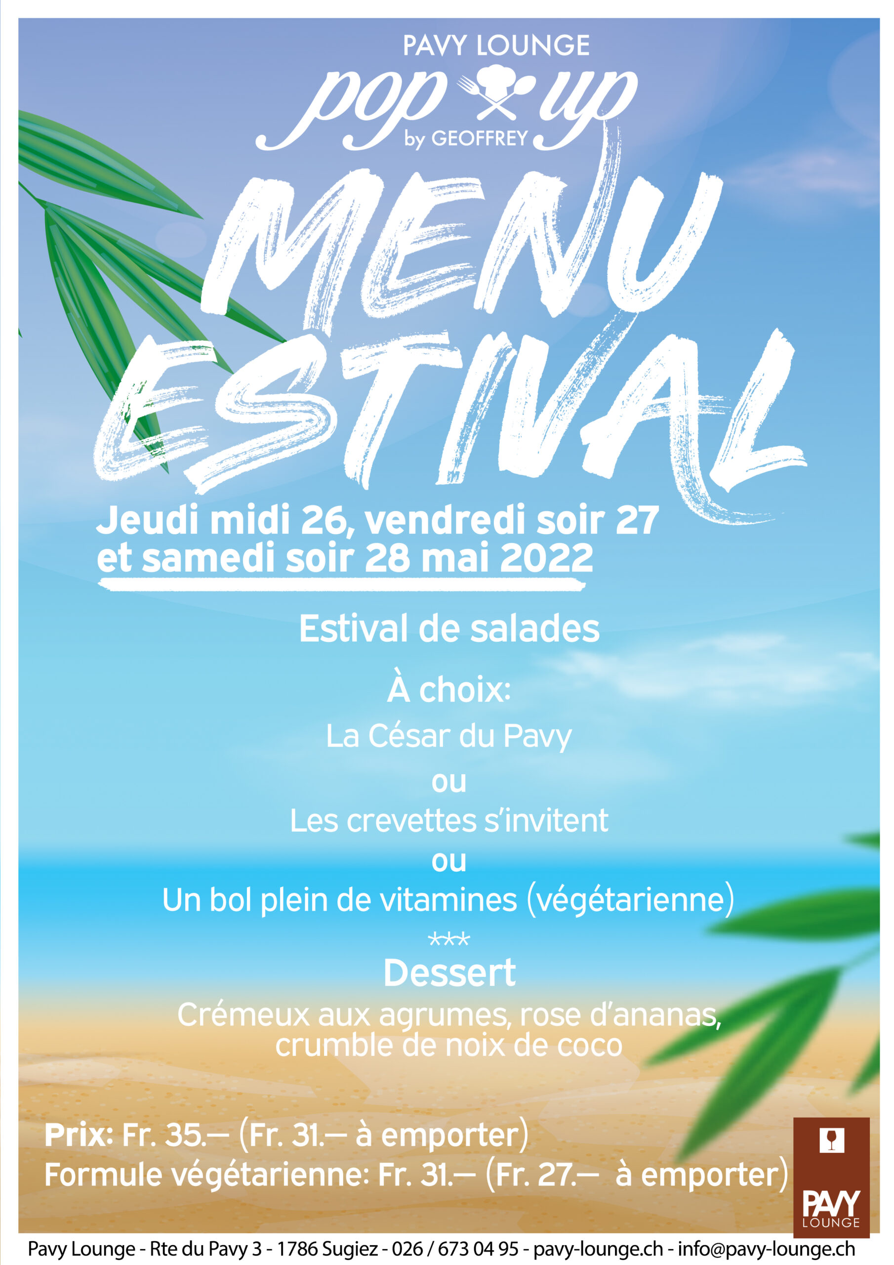 Menu estival 26, 27 et 28 mai 2022 Pavy Lounge